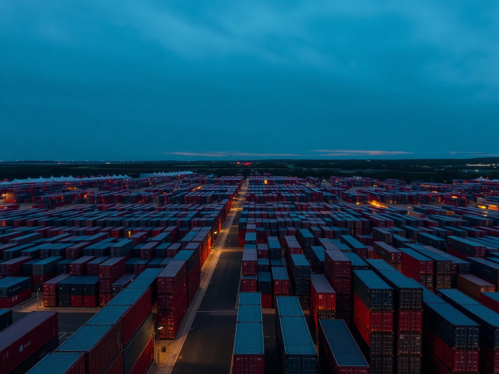 Aerial view of shipping containers organized in an intermodal yard at dusk
