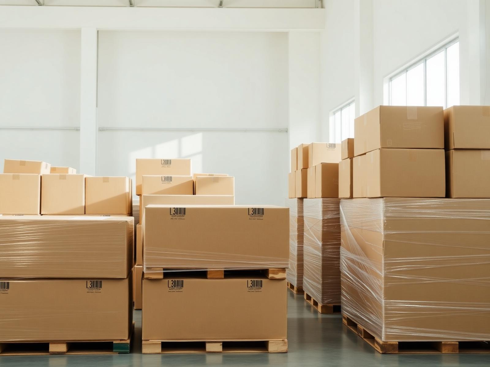 Stacked corrugated shipping cartons and wrapped pallets in a bright distribution area