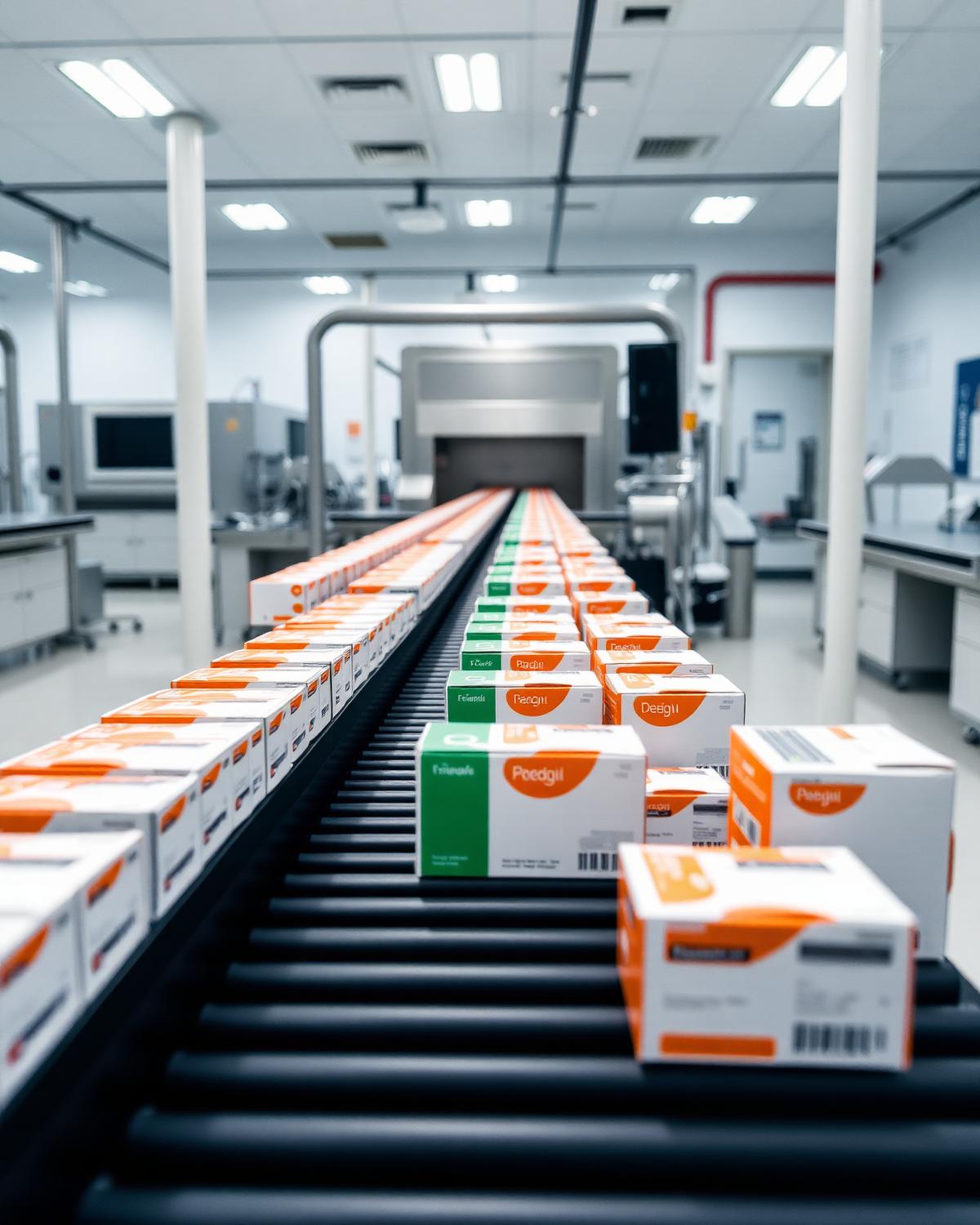 Pharmaceutical packaging cartons moving along a conveyor in a clean facility